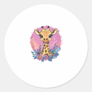 Adorable Giraffe Surrounded By Flowers _2 Classic Round Sticker