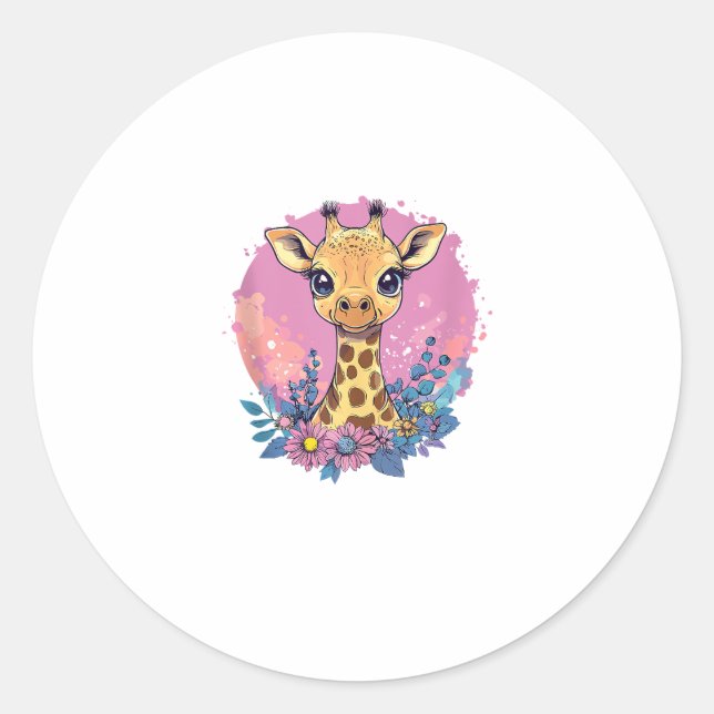Adorable Giraffe Surrounded By Flowers _2 Classic Round Sticker (Front)
