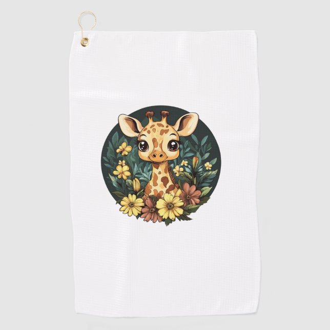 Adorable Giraffe Surrounded By Flowers  _4 Golf Towel (Front)