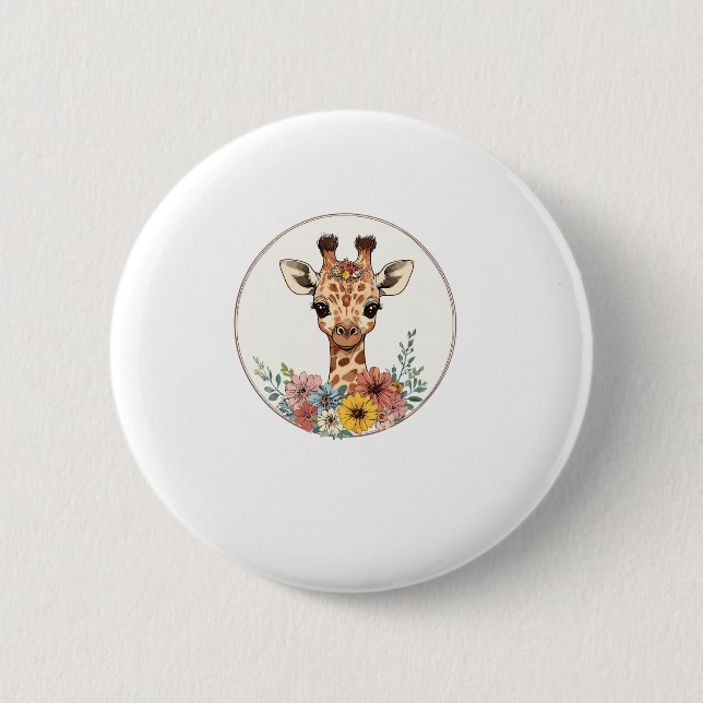 Adorable Giraffe With Flowers   6 Cm Round Badge (Front)
