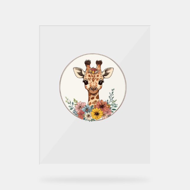 Adorable Giraffe With Flowers   Acrylic Sign (Front)