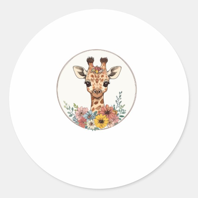 Adorable Giraffe With Flowers   Classic Round Sticker (Front)