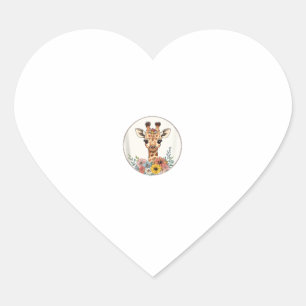 Adorable Giraffe With Flowers Heart Sticker