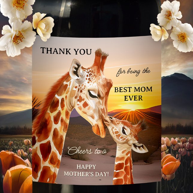 Adorable Giraffes Mother's Day Wine Label (Wine label featuring a young giraffe kissing and thanking Mom for being so wonderful - Mother's Day)