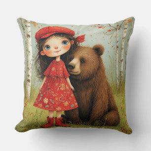Adorable Girl and Bear in Whimsical Forest Cushion