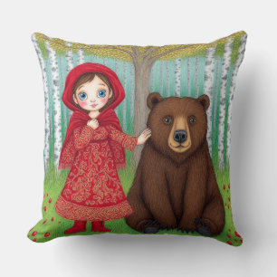 Adorable Girl and Bear in Whimsical Forest Cushion