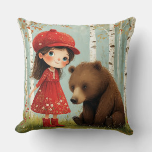 Adorable Girl and Bear in Whimsical Forest Cushion