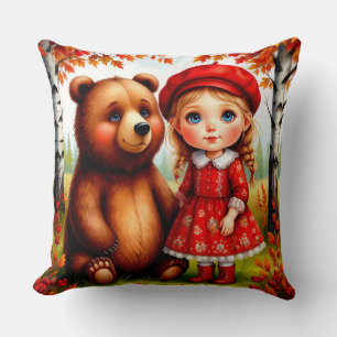 Adorable Girl and Bear in Whimsical Forest Cushion