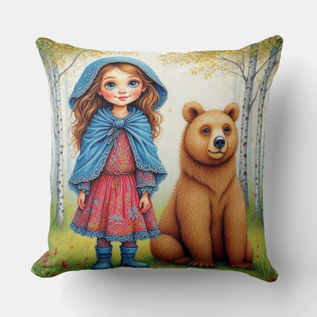 Adorable Girl and Bear in Whimsical Forest Cushion (Front)