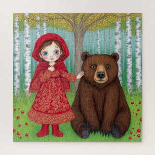 Adorable Girl and Bear in Whimsical Forest Jigsaw Puzzle