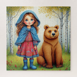 Adorable Girl and Bear in Whimsical Forest Jigsaw Puzzle