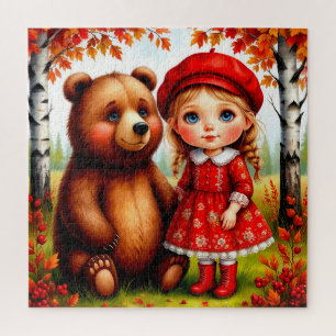 Adorable Girl and Bear in Whimsical Forest Jigsaw Puzzle