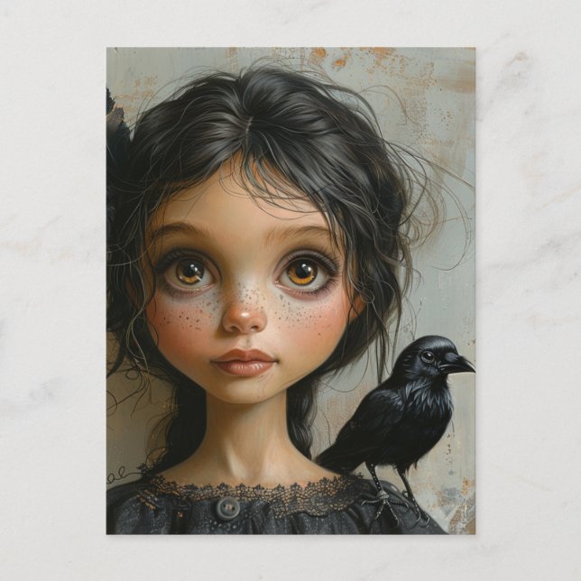 Adorable Girl and her Pet Black Bird Postcard (Front)