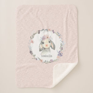 Adorable Girl Baby Lamb with Child's Name Sherpa Blanket