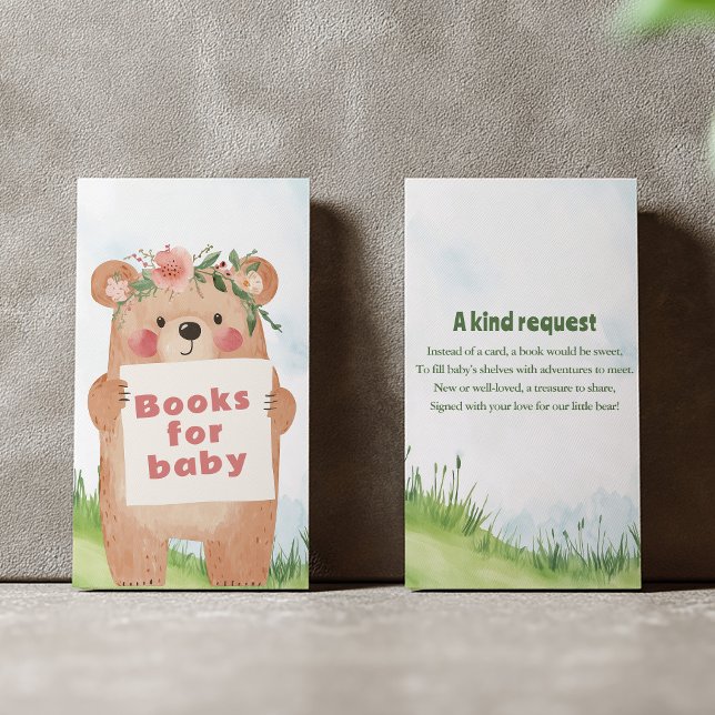 Adorable girl Bear “Books Instead of Cards” Enclosure Card (Books for baby girl teddy bear enclosure card)