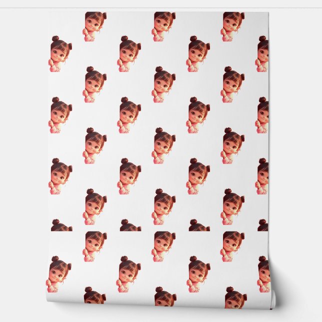 Adorable Girl Cartoon Pattern | Custom Vinyl Wallpaper (Unrolling)
