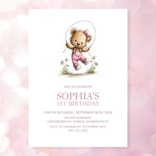 Adorable Girl Teddy Bear 1st Birthday Invitation