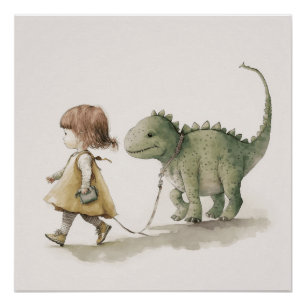 Adorable girl walking dinosaur wall art