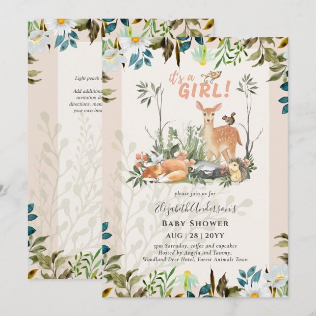 Adorable GIRLS Woodland Deer Baby Shower Coral Inv Invitation (Front/Back)