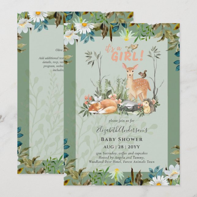 Adorable GIRLS Woodland Deer Baby Shower Green Inv Invitation (Front/Back)