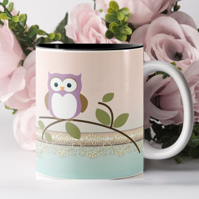 Adorable Girly Cute Owl,Personalised Two-Tone Coffee Mug (Creator Uploaded)