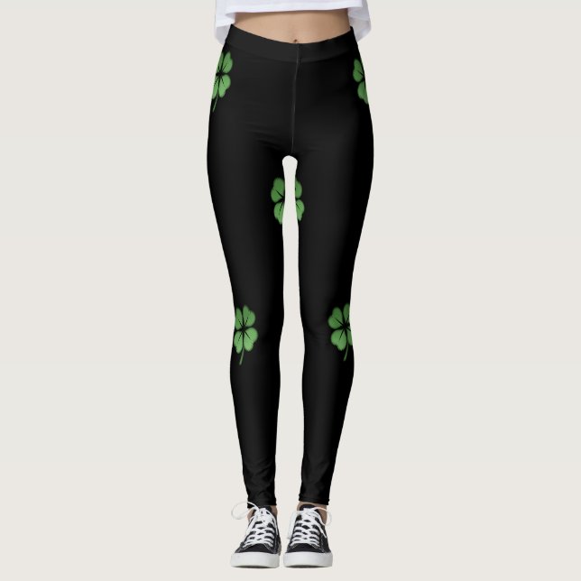 Adorable Girly Irish Shamrock, Black Leggings (Front)