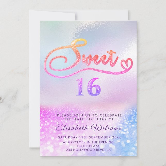 Adorable Glam holographic glitter script ombre  In Invitation (Front)