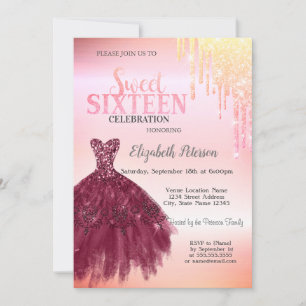 Adorable Glitter Drips,Burgundy Dress Sweet 16 Invitation