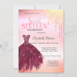 Adorable  Glitter Drips,Burgundy Dress  Sweet 16 Invitation