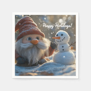 Adorable Gnome and Snowman in a Winter Wonderland Napkin
