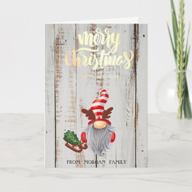 Adorable Gnome Sleigh Wood Merry Christmas   Holiday Card (Front)