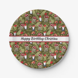 Adorable Gnomes and Mushrooms Personalised Paper Plate