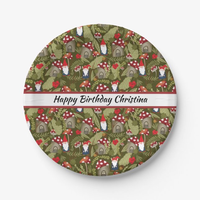Adorable Gnomes and Mushrooms Personalised Paper Plate (Front)