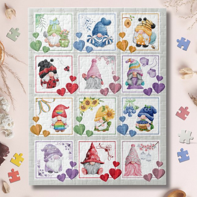 Adorable Gnomes Colourful Block Style Jigsaw Puzzl Puzzle (Cozy up with adorable gnomes! Perfect art block puzzle for gnome lovers and collectors)