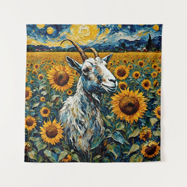 Adorable Goat in a Sunflower Field Tapestry (Front)