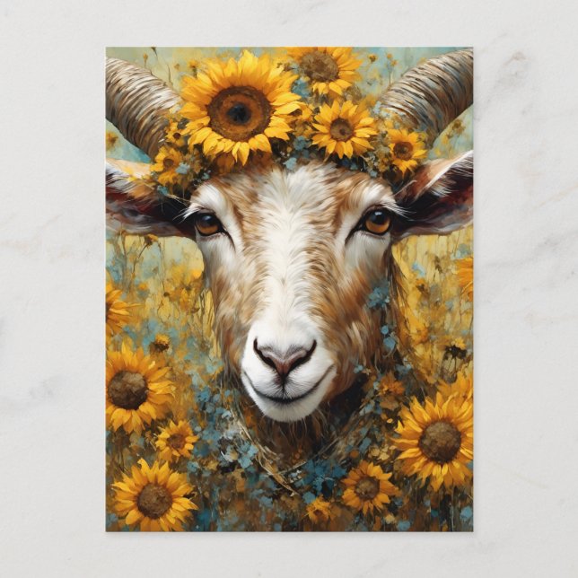 Adorable Goat in the Sunflower Fields Postcard (Front)
