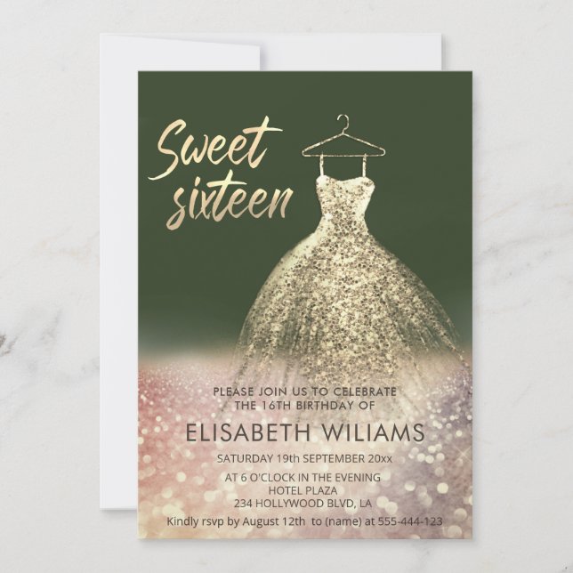 Adorable gold dress charming  glittery ombre red i invitation (Front)