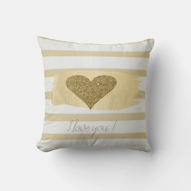 Adorable Gold Glitter Hearts Stripes-I Love You Cushion (Front)
