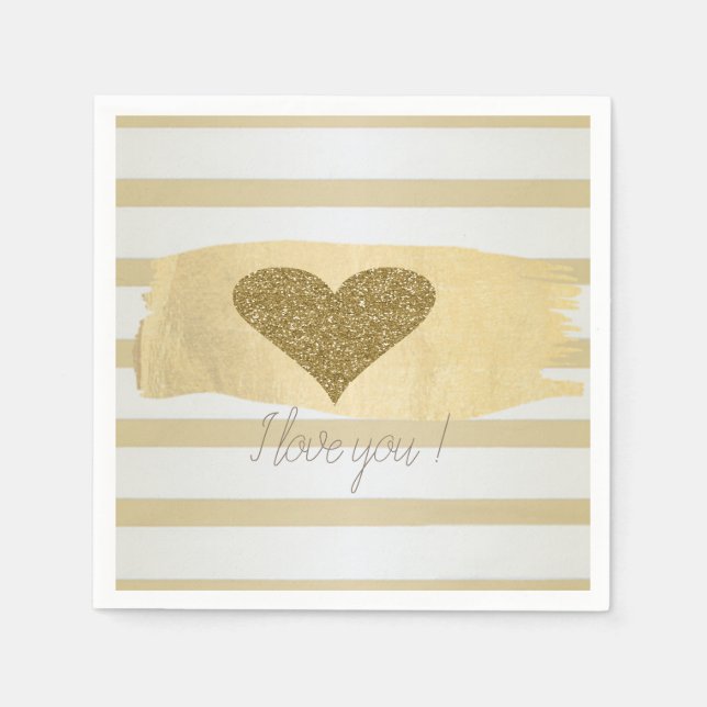 Adorable Gold Glitter Hearts Stripes-I Love You  Napkin (Front)