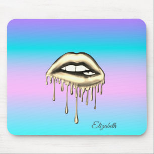 Adorable Gold Metallic Dripping Lips Holographic Mouse Pad