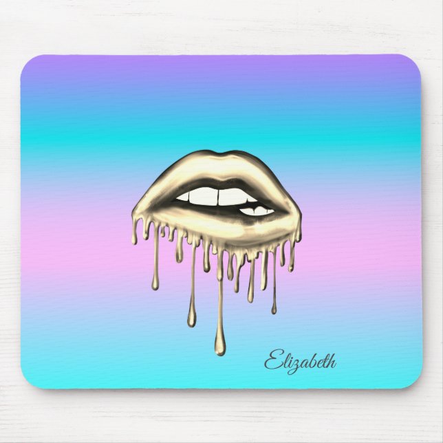 Adorable Gold Metallic Dripping Lips Holographic  Mouse Pad (Front)