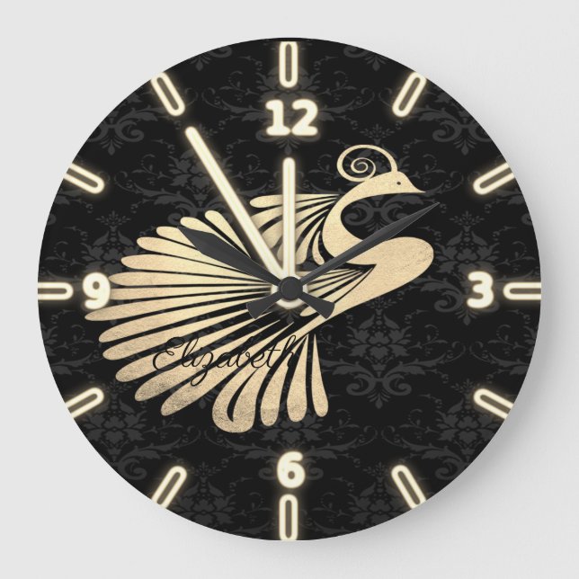 Adorable Gold Peacock Black Damask- Personalised Large Clock (Front)
