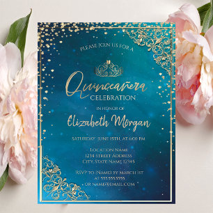 Adorable Gold Tiara,Diamonds Quinceañera   Invitation