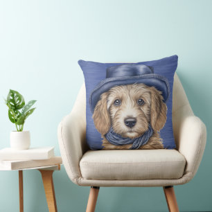 ADORABLE GOLDEN DOODLE PUPPY WITH BLUE HAT CUSHION