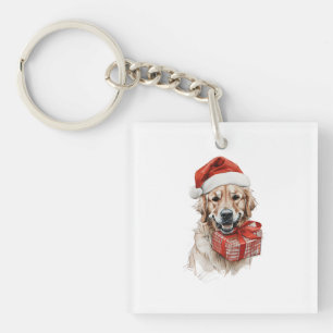 Adorable Golden Retriever in Santa Hat with Gift Key Ring