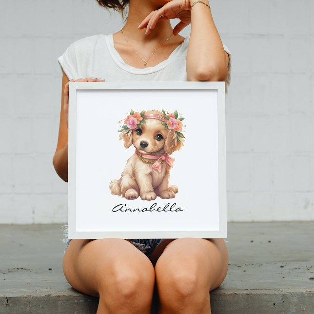Adorable Golden Retriever Puppy Floral  Poster (Golden Retriever Puppy Poster with Custom Name - Adorable Dog Lover Nursery Art)