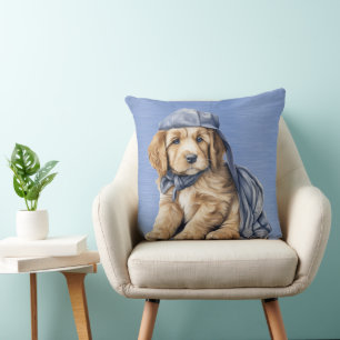 ADORABLE GOLDEN RETRIEVER PUPPY WITH BLUE HAT CUSHION