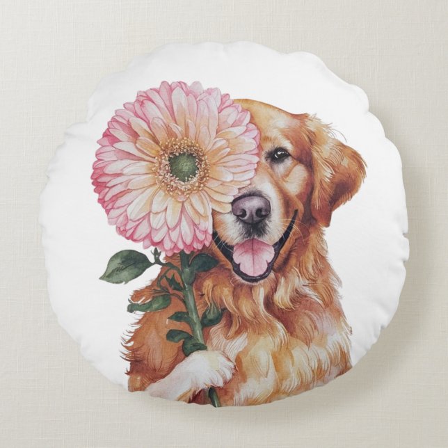 Adorable Golden Retriever Watercolor Illustration  Round Cushion (Front)