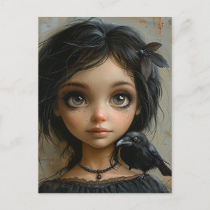 Adorable Gothic Girl and her Pet Black Bird Postcard