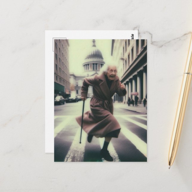 Adorable Granny on the Run in the City Postcard (Front/Back In Situ)